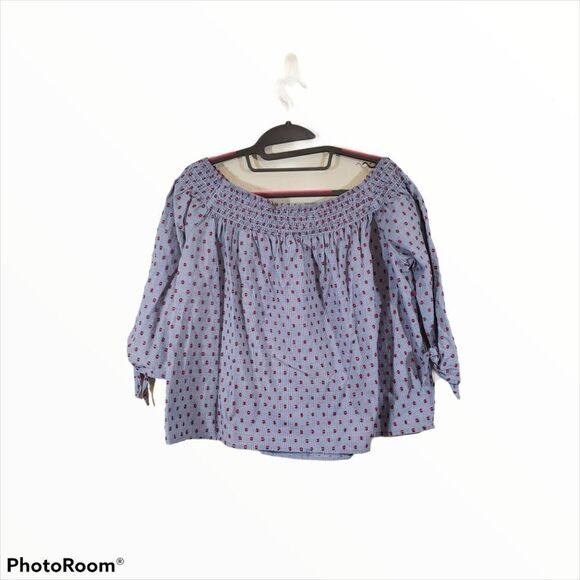 Aqua Off the Shoulder Peasant Gingham Swiss Dot Cotton Summer Picnic Crop Blouse - Picture 2 of 8